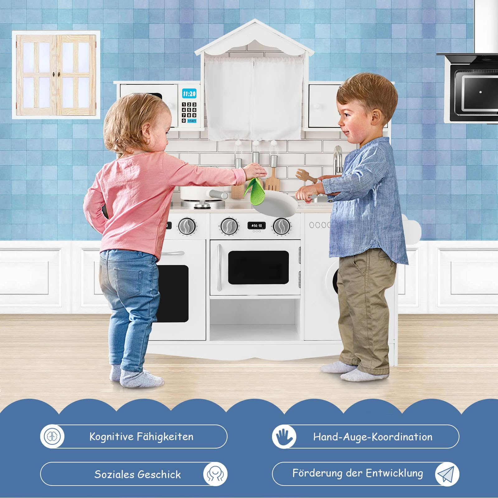COSTWAY Kinderküche inkl. Spielzubehör, Kinder Spielküche Holz mit Waschmaschine & Mikrowelle, für Kinder ab 3 Jahre, weiß, 78 x 29 x 93cm