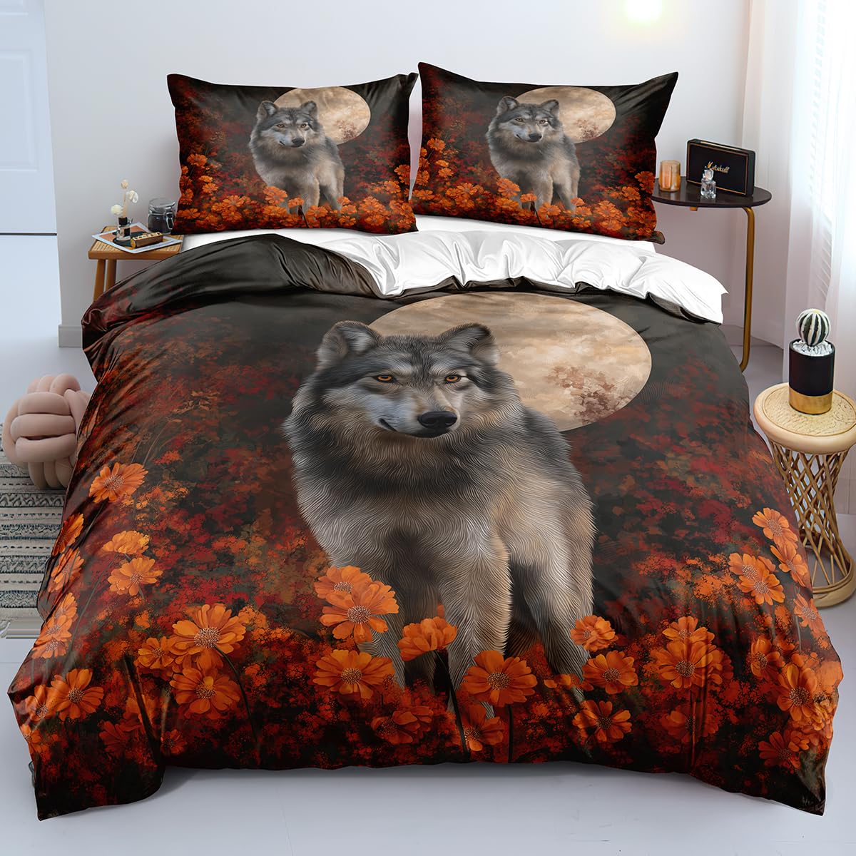 Housse de couette loup 140x200 enfant adulte parure de lit fermeture éclair fleurs orange lune