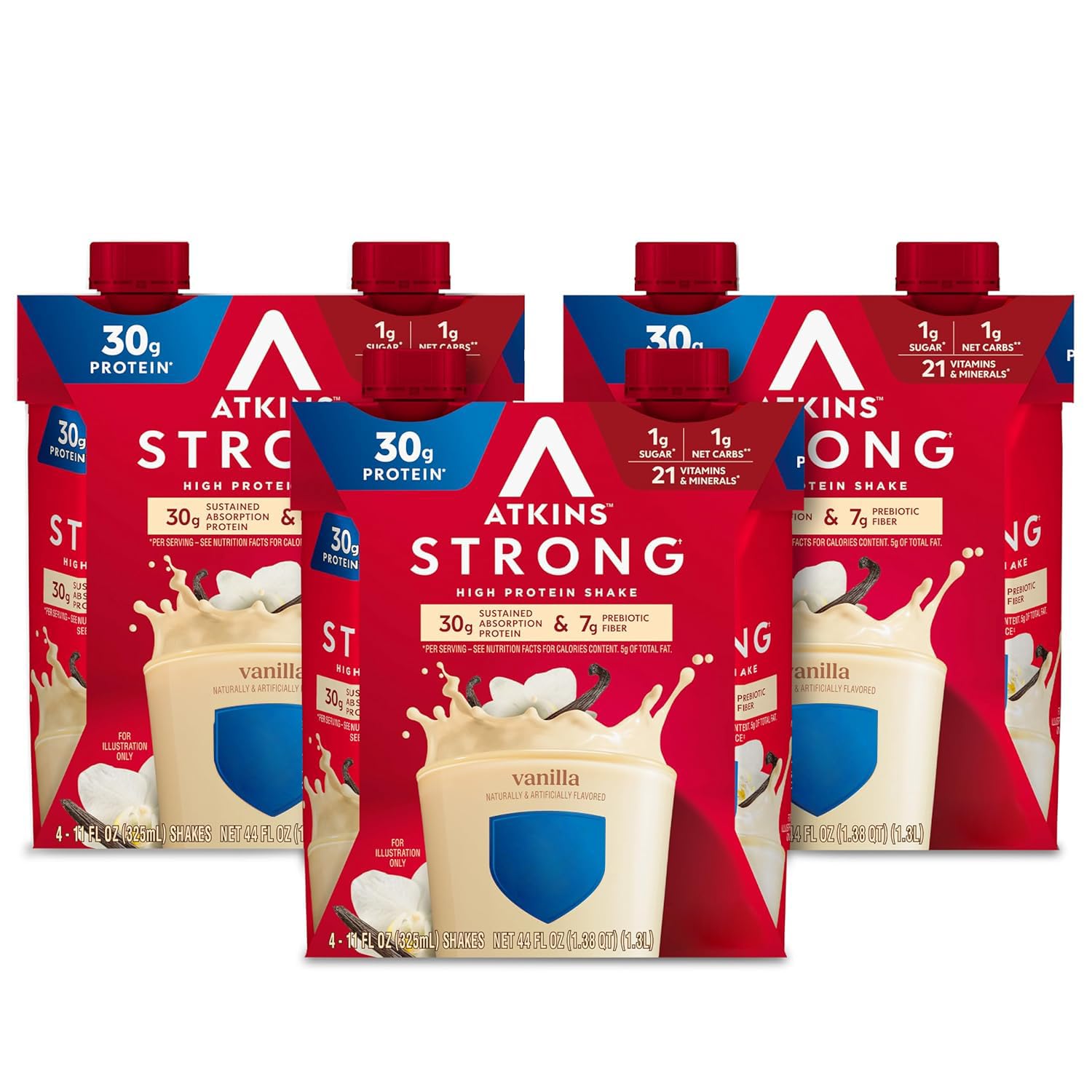 Atkins Strong High Protein Shake, Vanilla Flavored, 30g Protein, Low Carb and Low Sugar Shake, Keto Friendly, Gluten Free, Muscle and Gut Health Support Complex, 12 Count