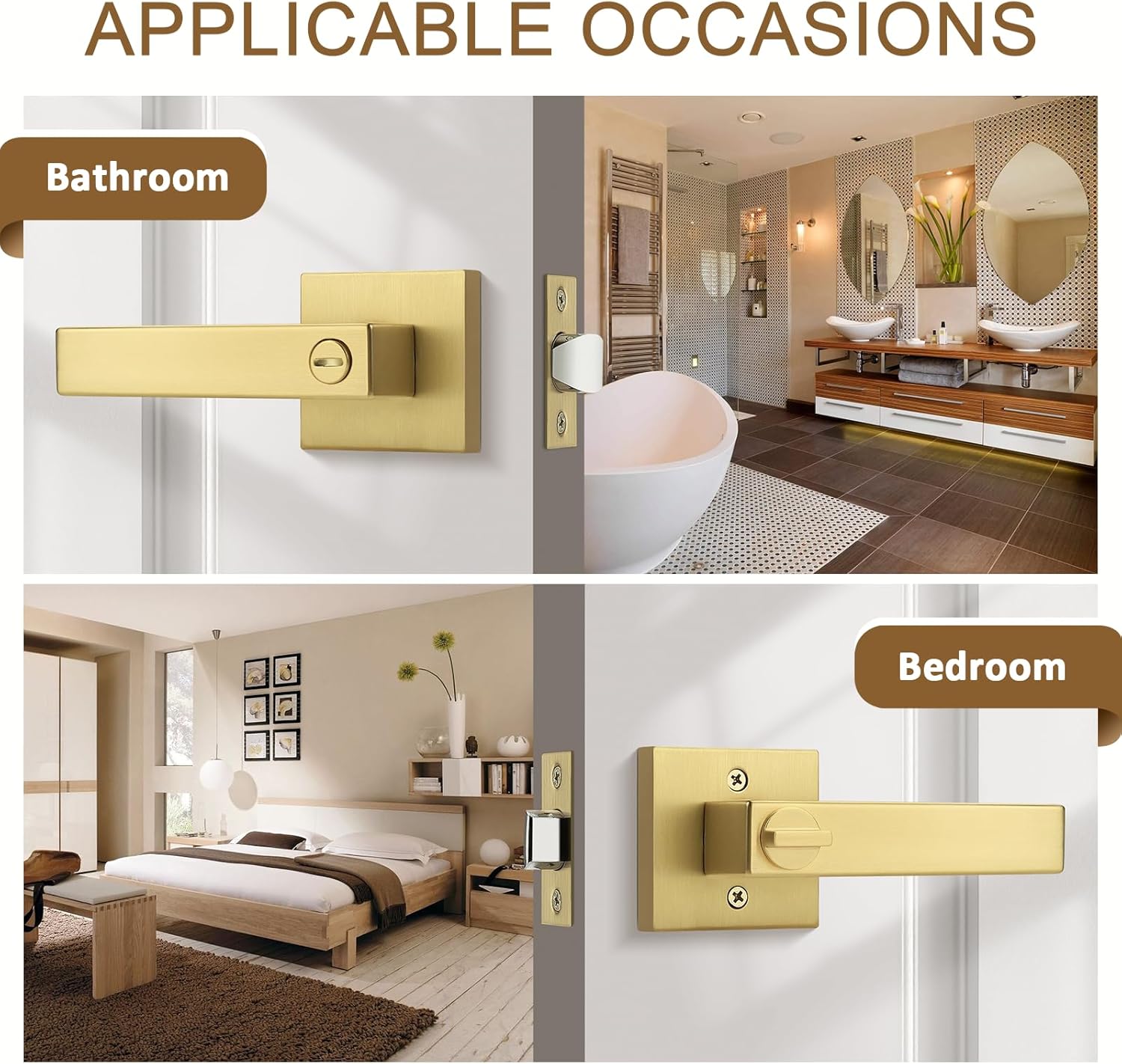 Probrico 4 Pack Gold Privacy Door Handles,Heavy Duty Satin Brass Door Knobs with Lock for Bedroom and Bathroom,Square Interior Keyless Locksets