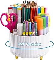 Marbrasse 360° Rotating Desk Organizer with 5 Compartments - White Pen Pencil Holder Caddy for Office Home Art Supplies