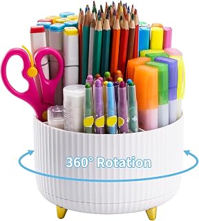 Marbrasse 360° Rotating Desk Organizer with 5 Compartments - White Pen Pencil Holder Caddy for Office Home Art Supplies