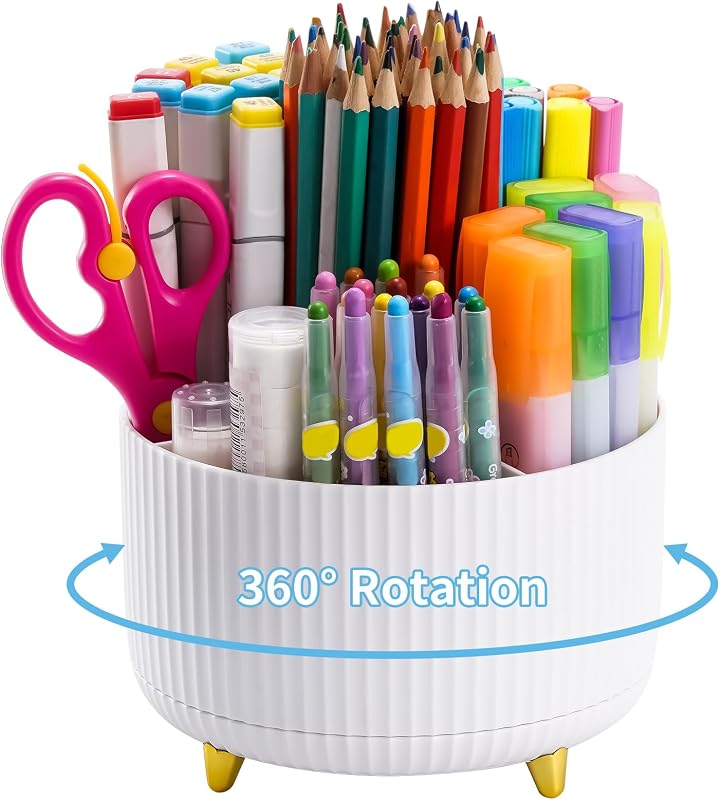 White Marbrasse rotating desk organizer with five compartments holding pens, markers and scissors