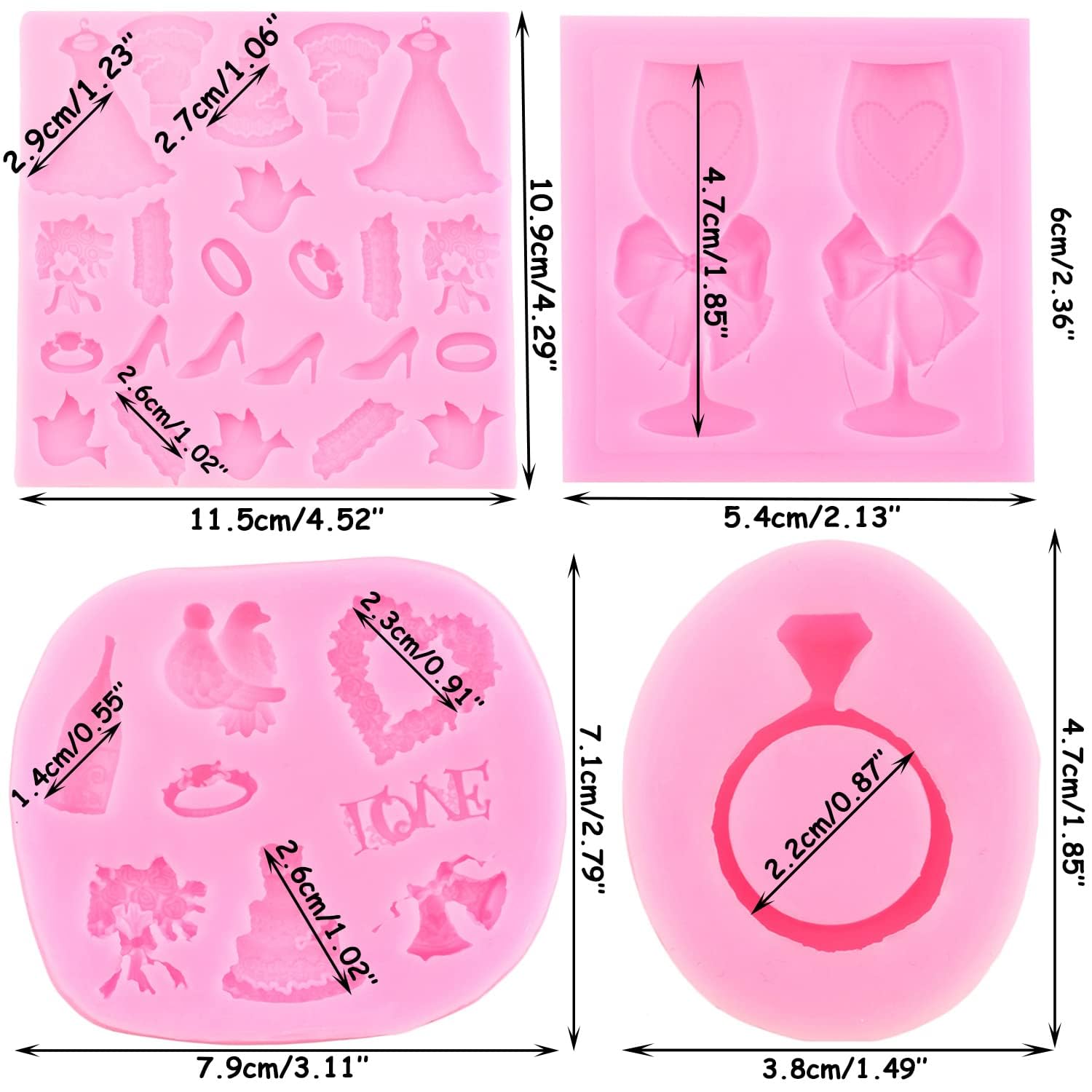 RFGHAC Liefde trouwdag verloving siliconen mallen champagne wijnglas ring trouwjurk fondant mal voor taart decoratie snoep chocolade polymeer klei gom pasta set van 4