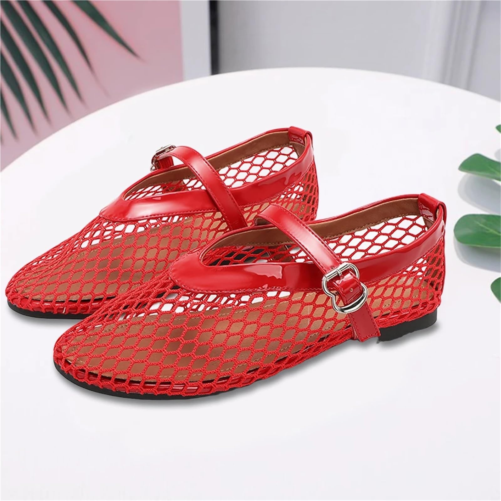 Mesh-Ballerinas mit verstellbarem Schnallenriemen, Flache Fischnetz-Sandalen, atmungsaktiv, for Damen, lässig, Büro Für Damen