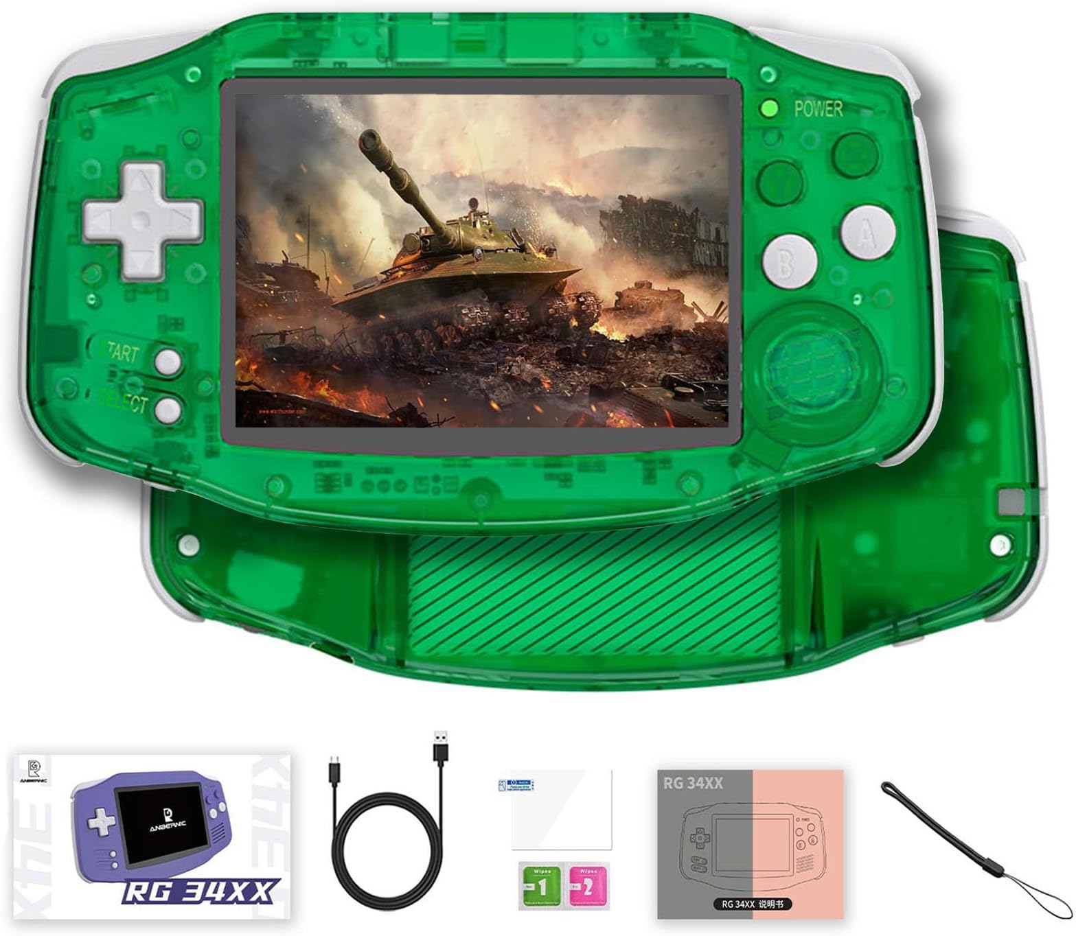 RG 34XX Handheld Game Console, 3.4 Inch IPS Screen 3500mAh, Game Console Support Wi-Fi Bluetooth HD and TV Output Retro Gaming Players-Green||128G