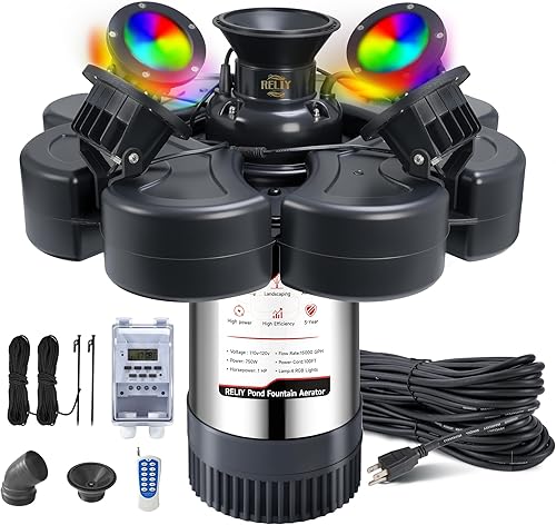 Miniatura 9 de RELIY Aireador de fuente de estanque, bomba de fuente de 1HP 110V 15000 GPH, fuente flotante de lago poderosa totalmente automática, cable de Acero