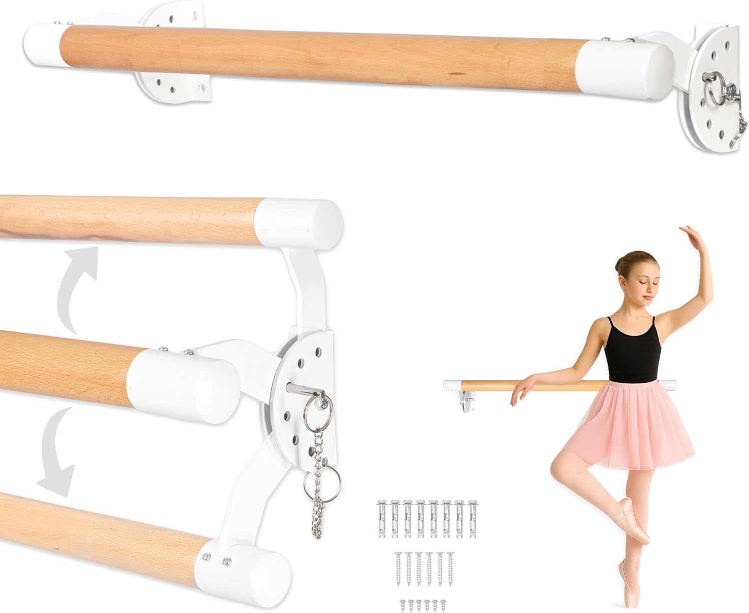 Ilyapa Ballet Barre Bare for Home - Wood Adjustable Wall Mount Ballet Bar Dance Equipment for Barre Workout & Ballet Stretching, Powdercoated White Brackets