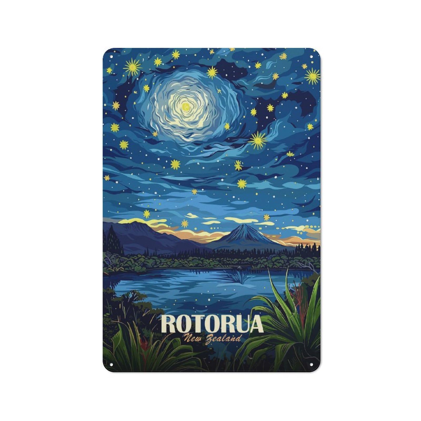 Junmoney Style-11 For Living Room Or Hallway, Rotorua New Zealand Night Landscape Art Vintage Metal Plaque 30X20cm, For Vintage Wall Decor Fans, For Metal Sign Collectors