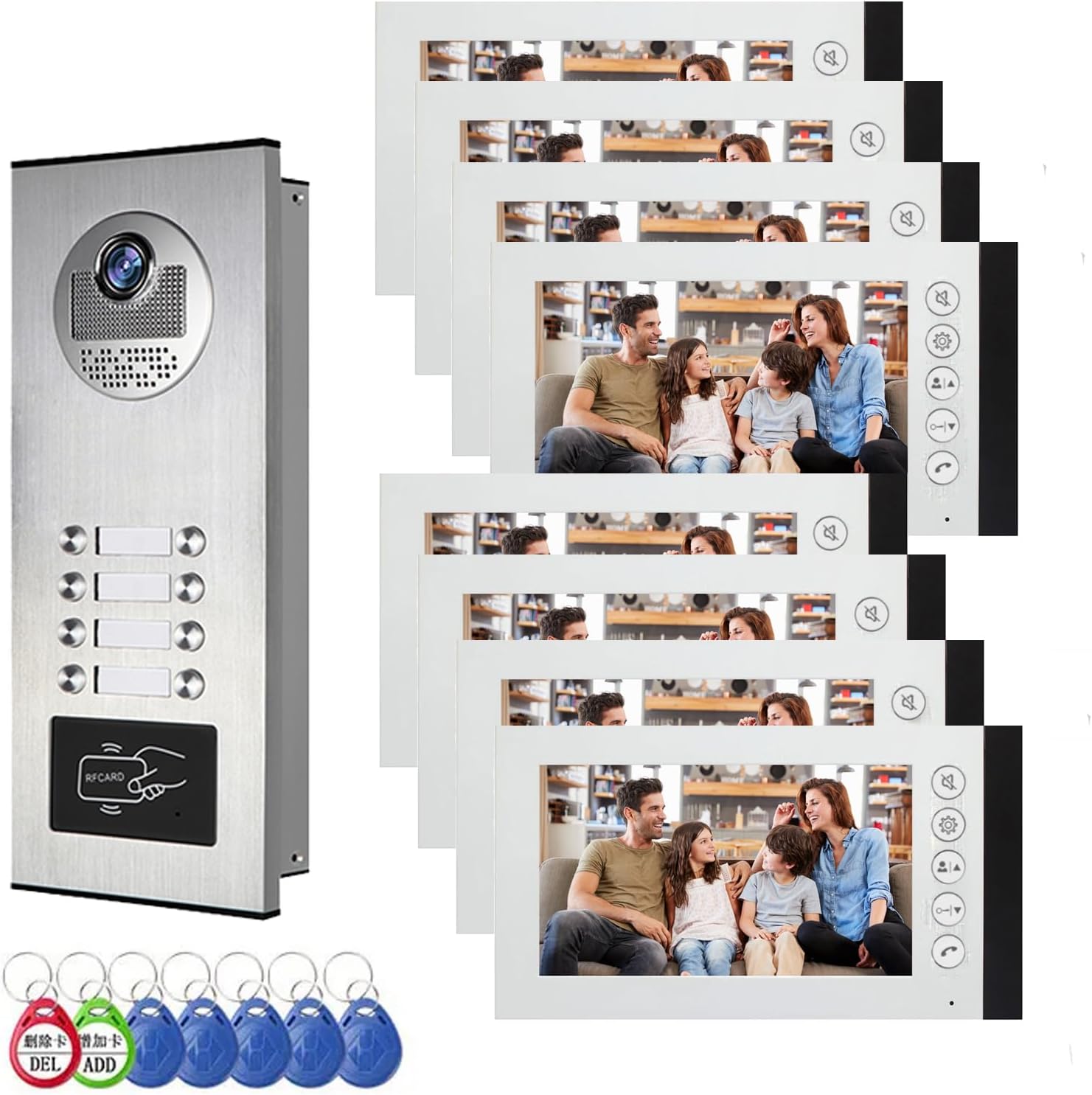 ANJIELO SMART Wired Video Multifamily Apartment Intercom System,2/3/4/6/8/10/12 Units 7 inch Monitor Video Door Phone Kit,Video Doorbell, ID Card Unlock, 2 Way Audio for Home (1 doorbell + 8 Monitor)
