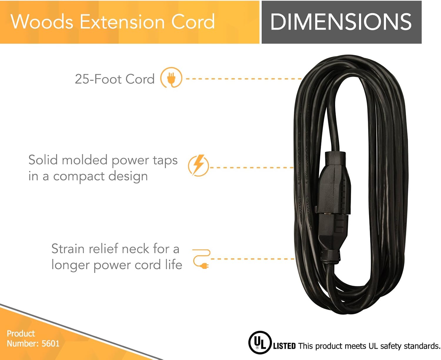 Woods Light Duty Extension Cord - Indoor Power Solution for Office & Household Use - SJTW Extension Cord - 16 Gauge - 3 Conductor - 25 Feet - Black