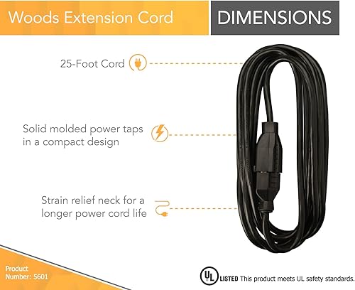 Vista 2 de Woods Light Duty Extension Cord - Indoor Power Solution for Office & Household Use - SJTW Extension Cord - 16 Gauge - 3 Conductor - 25 Feet - Black