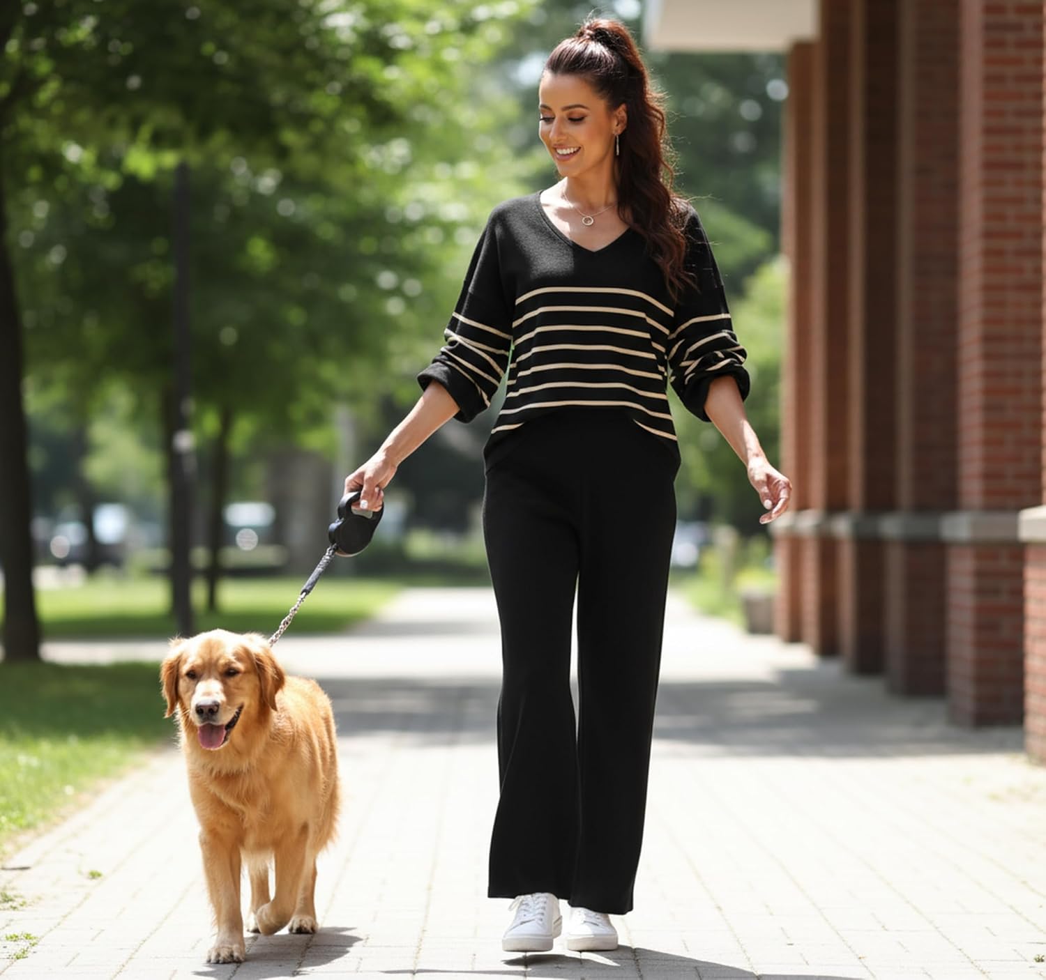 ETCYY NEW Womens 2 Piece Outfits Sweater Lounge Set Casual V Neck Knit Pajama Set Long Sleeve Top Wide Leg Pants Loungewear - Image 5