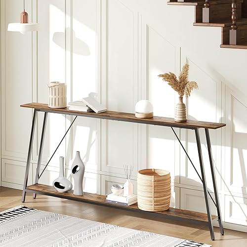 Miniatura 7 de Mesa consola, mesas de sofá de 2 niveles de 71 pulgadas con almacenamiento, mesa de entrada estrecha, detrás del sofá, mesa de pasillo delgada para