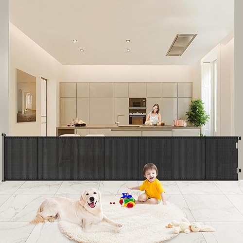 Miniatura 19 de Puertas retráctiles mejoradas para bebé, 35 pulgadas de alto que se extienden hasta 60 pulgadas de ancho, puerta de malla para perros interior para