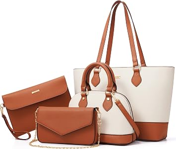 Bagsure Handbag Women's Shoulder Bag Handbags Tote Bag Women's 4-Piece Set for Office School Shopping Travel Gift Brown Beige