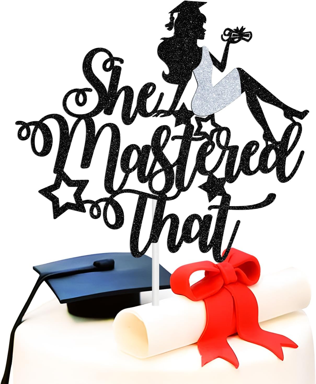 Tortenaufsatz „She Mastered That“ – Schwarzer Holz-Glitzer-Topper Für Master-Abschlussfeiern
