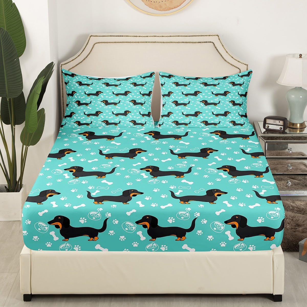 Homewish Cartoon Dachshund Bed Sheet Set Queen Size,Bones Dog Paws Hand Sketch Bedding Set for Children Adult,Cute Puppy Kawaii Pet Animal Sheet Sets with Flat, Fitted Sheet, 2 Pillowcases
