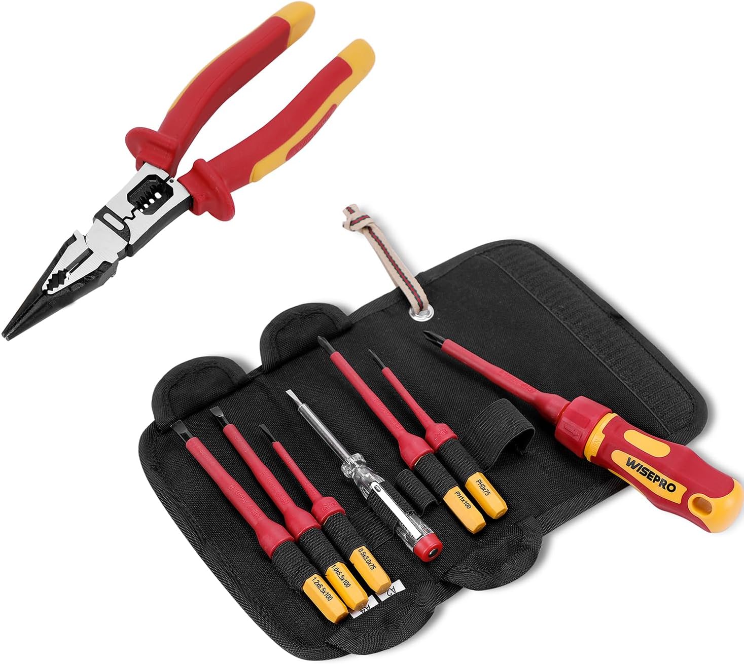 9 Inch Insulated Needle Nose Pliers & Insulated Screwdrivers Set with Pouch