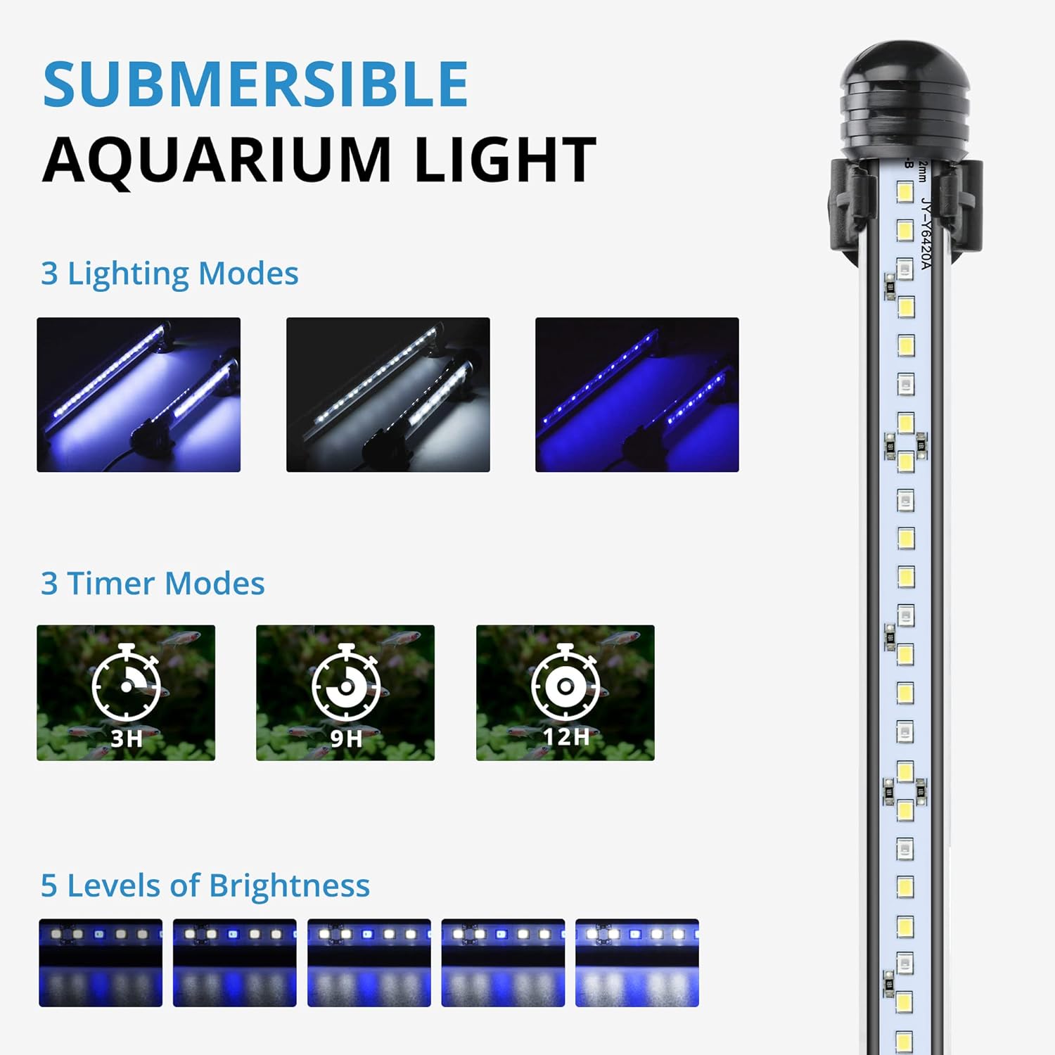 NICREW Submersible Aquarium Light showing 3 lighting modes, 3 timer modes, and 5 brightness levels