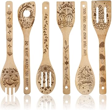 6Pcs 6 Styles Mushroom Cooking Utensils Bamboo Kitchen Spoons 2.4 x 11.8 Inch Moon Star Flower Durable Wooden Spoon Set for Men Women Friends Housewarming Birthday Gift Apartment Essential