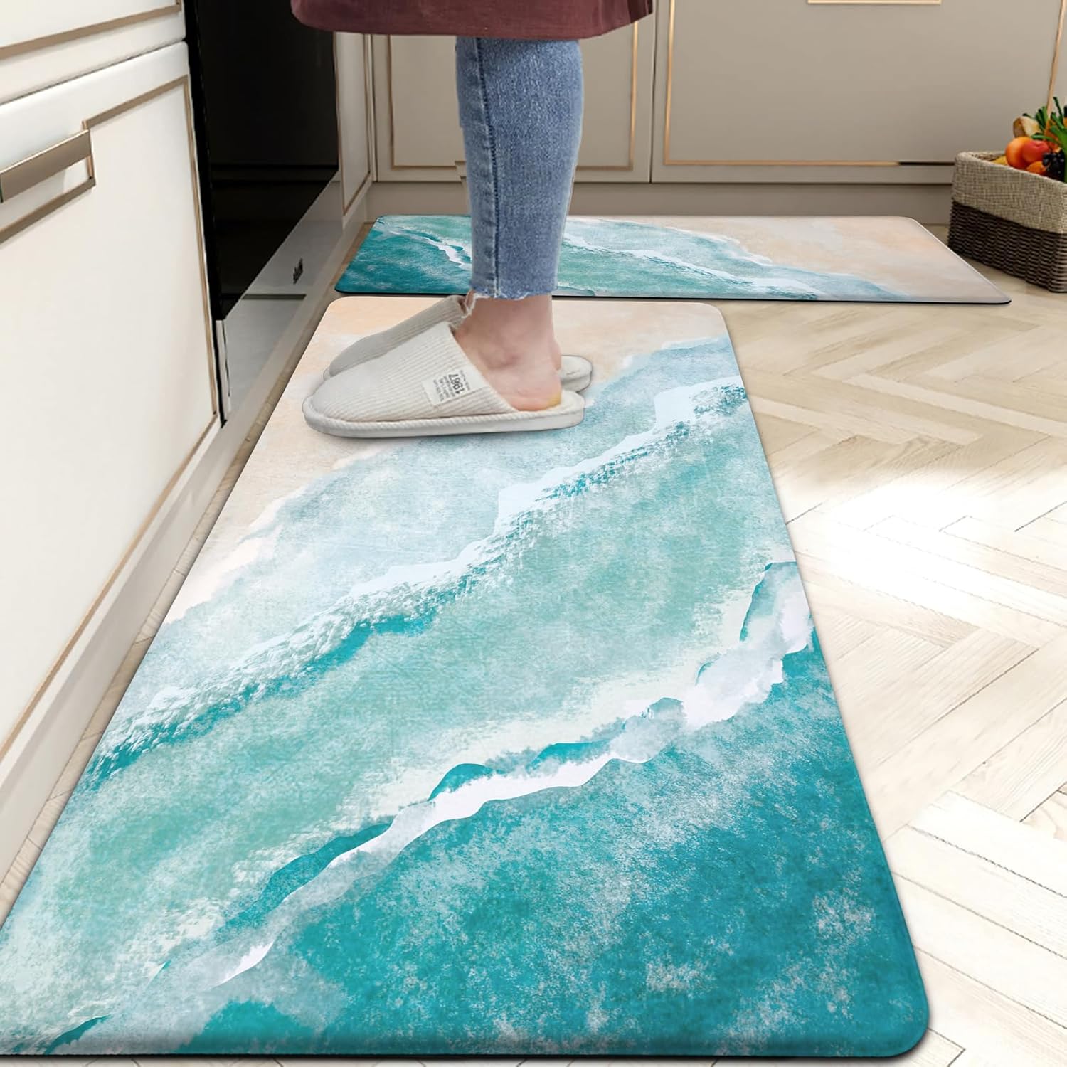 Beach Coastal Kitchen Rugs Mats 2PCS 10mm Thickness Blue Abstract Wave Kitchen Rugs Sets Cushioned Anti Fatigue Kitchen Floor Mat PVC Waterproof Non-Skid Comfort Standing Mat, 17.3" x28" + 17.3" x 47