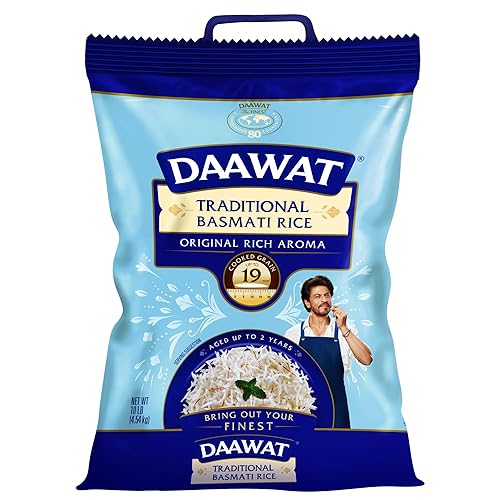 Arroz blanco basmati tradicional Daawat - Arroz basmati auténtico de grano extra largo - Bolsa de 10 libras