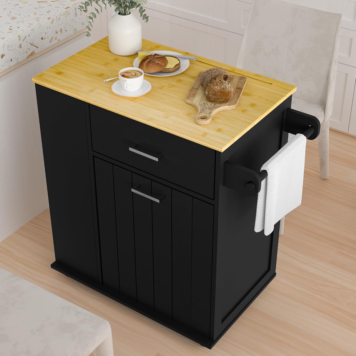 Rolling Kitchen Island with Trash Can Storage, Portable Kitchen Island on Wheels with Towel Rack & Spice Rack, Tilt Out Trash Can Cabinet with Drawer, Mobile Island Cart (Black)