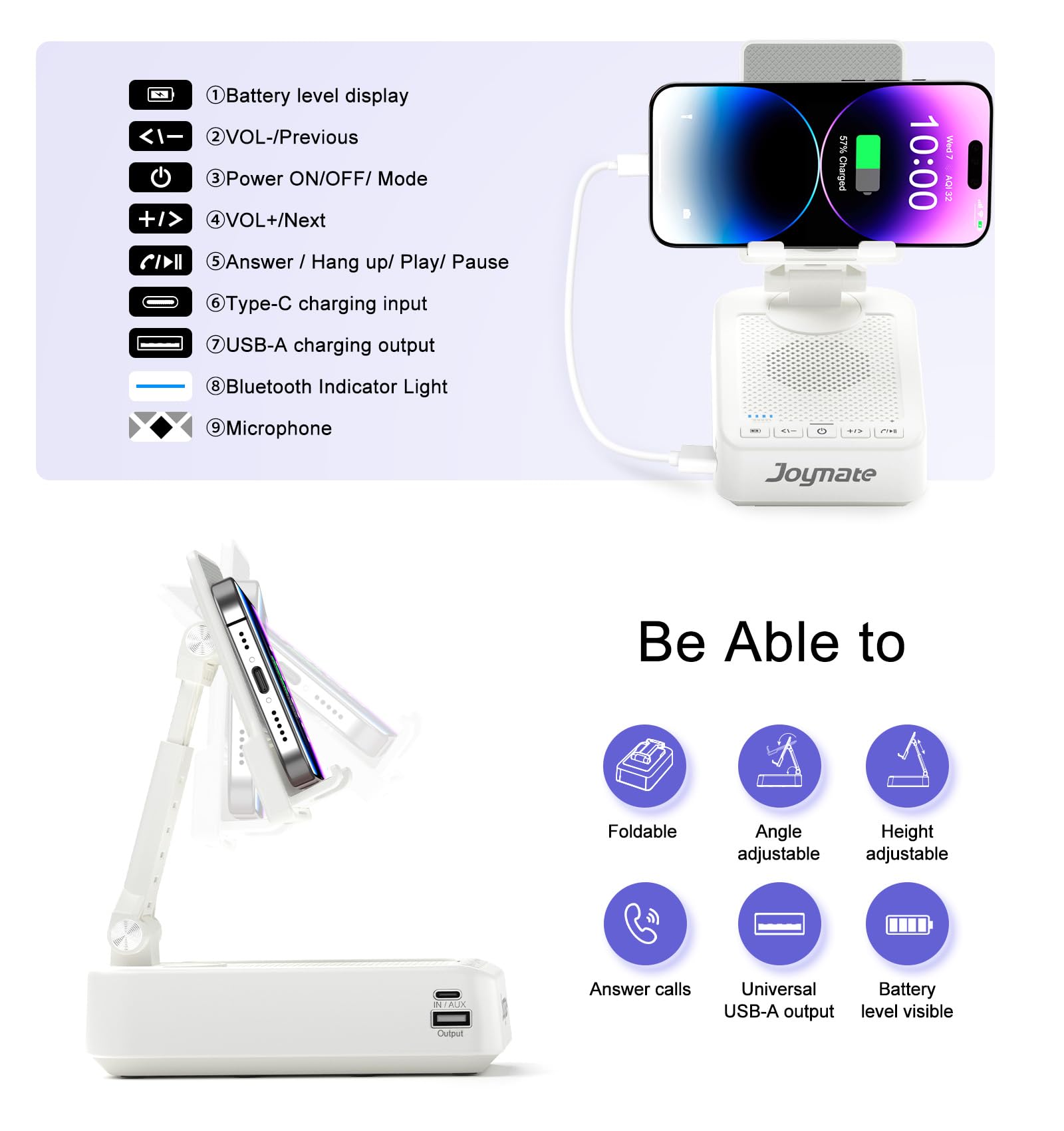 Supporto per telefono cellulare con funzione di ricarica, girevole a 360°, regolabile, suono surround HD, per scrivania, adatto a tutti i telefoni e tablet (bianco)