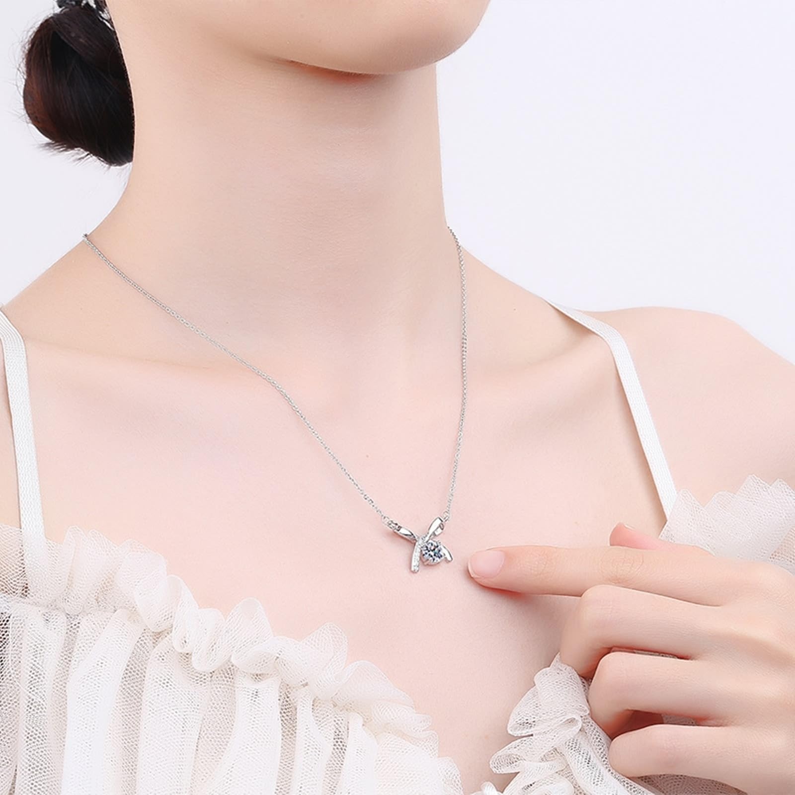 Naszyjnik damski z białego złota 18k/14k/9K, łańcuszek na szyję z zawieszką kokardką z diamentem laboratoryjnym, prawdziwa biżuteria, łańcuszek regulowany 40 + 5 cm