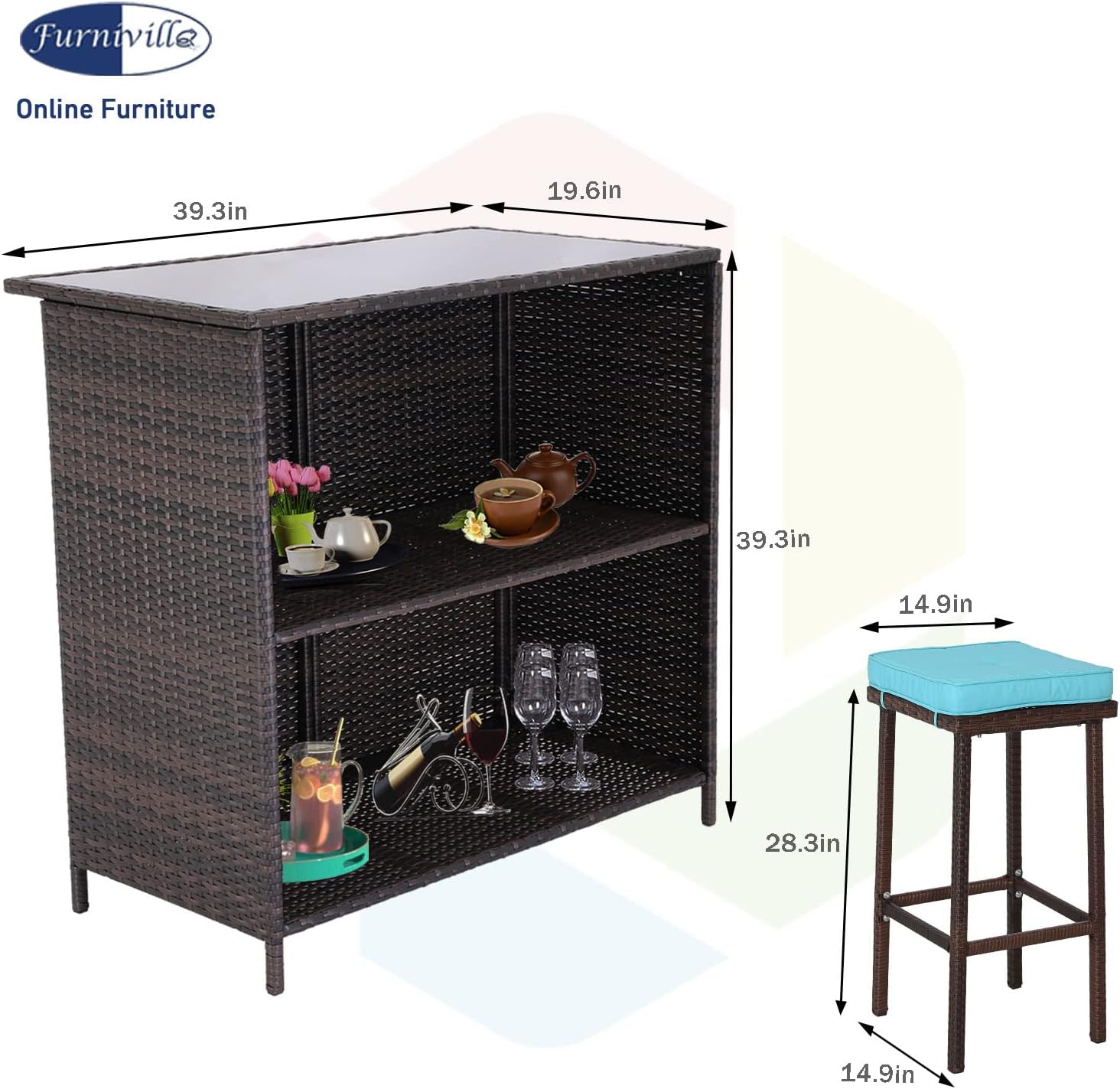 Furnivilla 3 Pieces Patio Wicker Bar Sets Outdoor Bar Table Set Patio Furniture Glass Bar with Cushions for Patio Poolside, Backyard and Yard Turquoise : Patio, Lawn & Garden