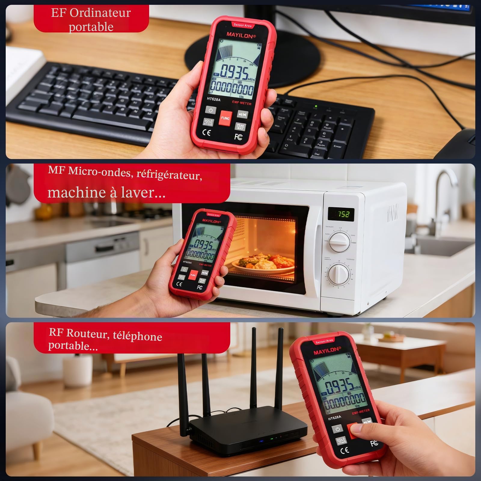 Détecteur EMF 3-en-1 Compteur Geiger avec Mesure 3 Axes (EF/MF/RF) Testeur de Rayonnement Électromagnétique avec Graphique de Tendance pour Maison WiFi 5G et Chasse aux Fantômes