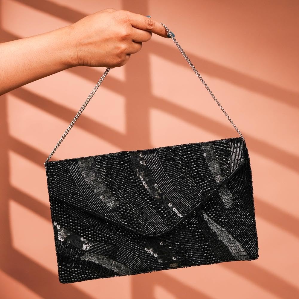 Indian Shelf Black Silver Cotton and Beads Embroidered Beaded Sequin Sling Bags for Women | Luxury Party Handbags | Handmade Boho Ethnic Clutches | Stylish Girls Handbag | Artisan Cotton Purse