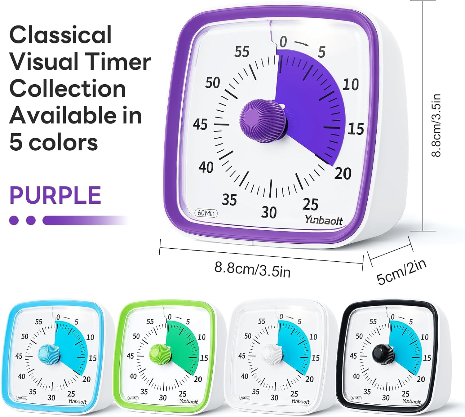 Yunbaoit Visual Timer in purple, showing dimensions.