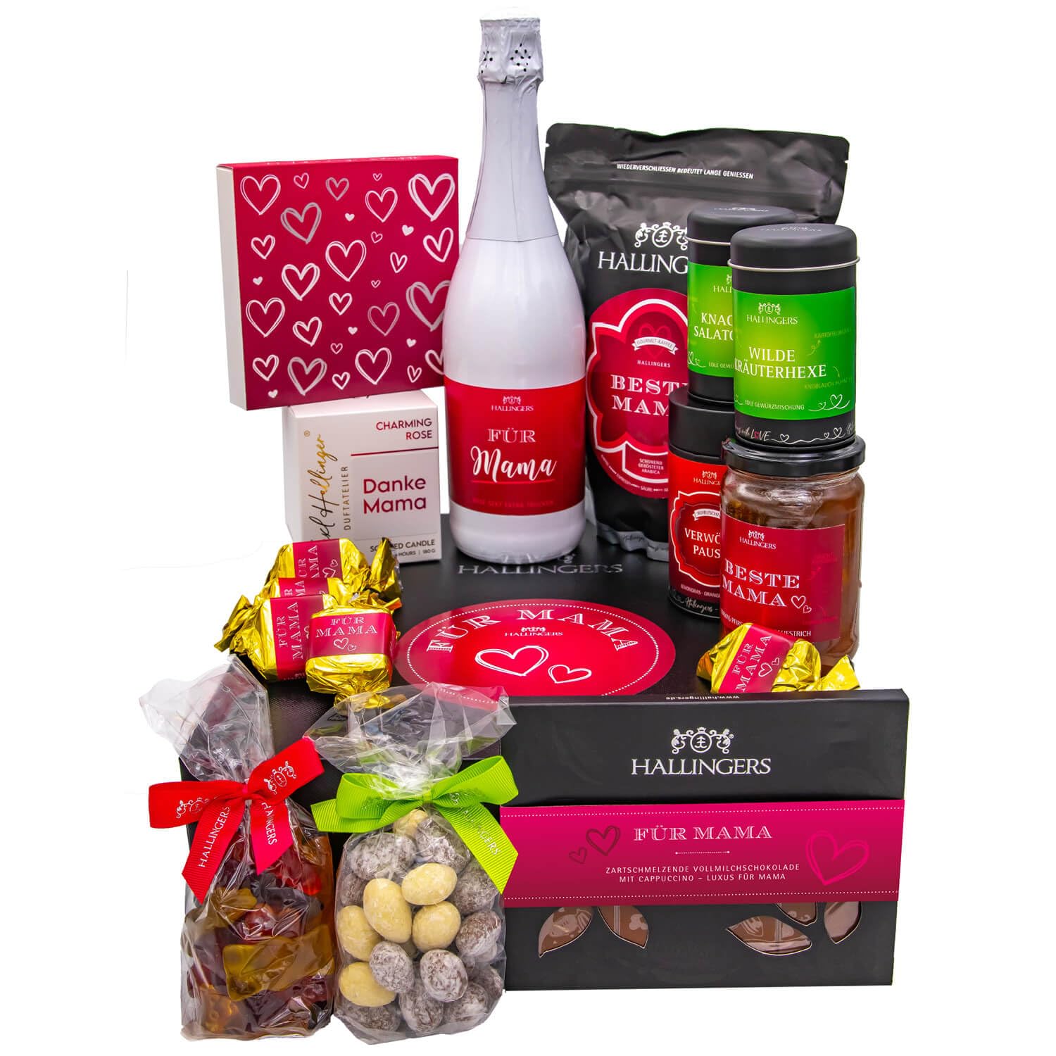 Hallingers Genuss Manufaktur Feinkost Muttertagsgeschenk-Set - XXL-Geschenkkorb "Für Mama" große Selektion Sekt, Duftkerze, Nougat, Kaffee, Konfitüre, Gewürz & mehr, Geschenkidee für Mama Oma