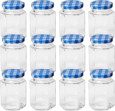 12 Pack 100ml 3.4oz Hexagonal Glass Jars with Airtight Lids for Canning, Food Storage, Spices, Honey, Jam, Pickling, DIY Craft Containers
