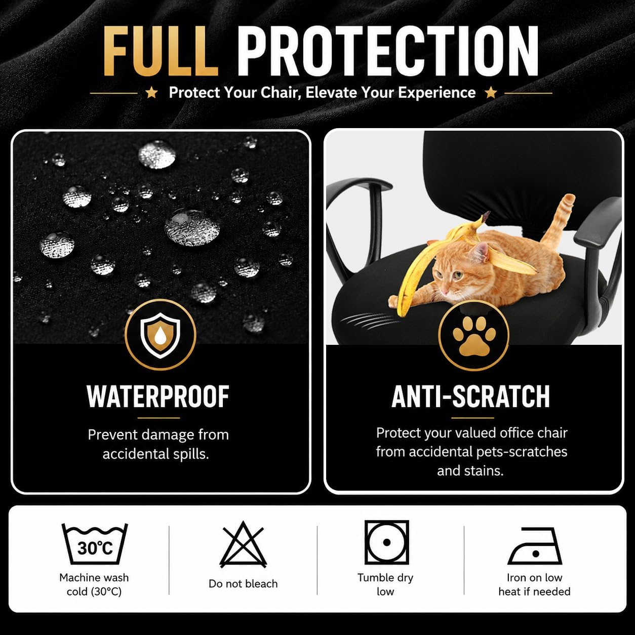 Water-resistant Stretchable Computer Chair Covers - Washable Rotating Backrest and Seat Protectors for Pets - Black
