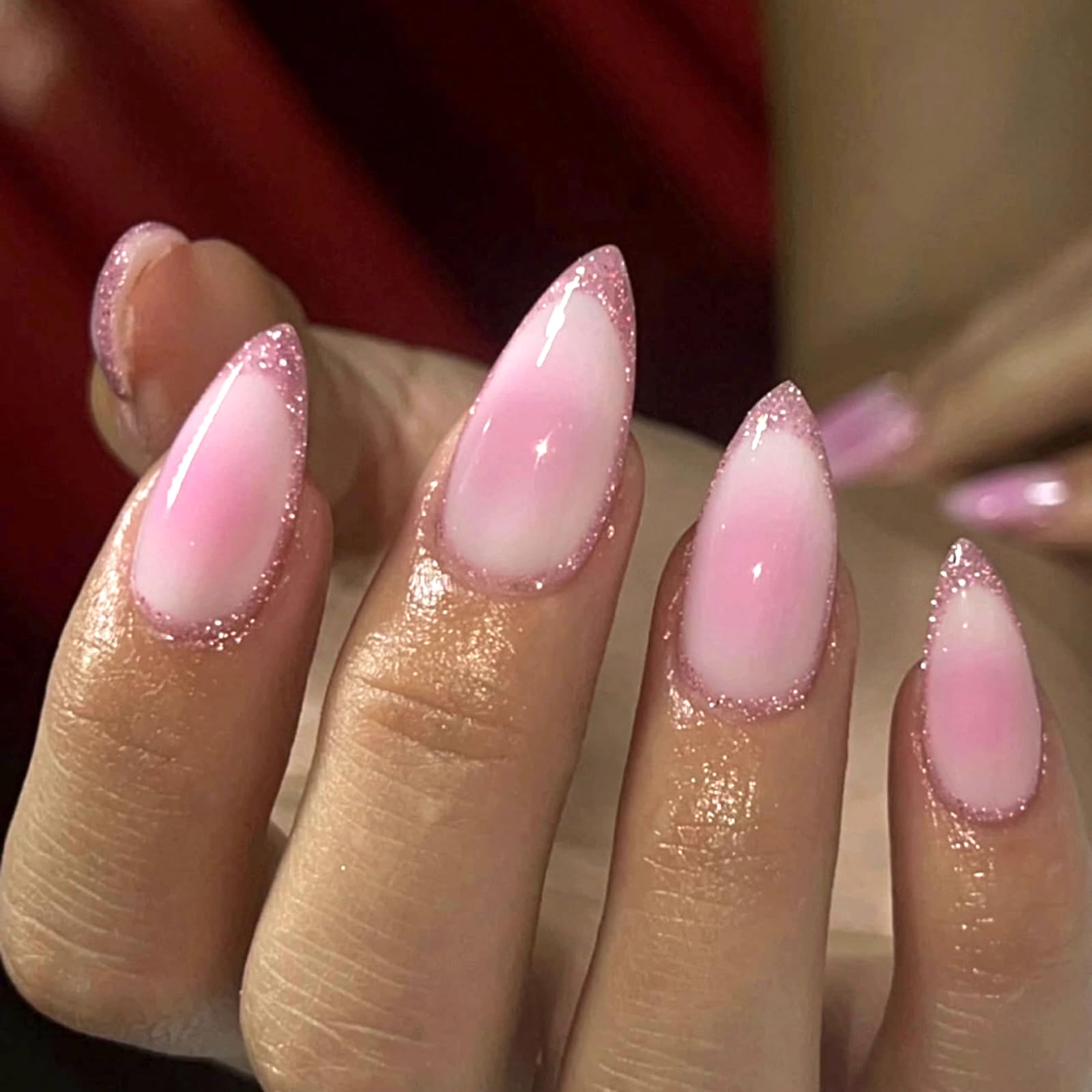 MISUD Press on Nails - Medium Almond Faked Nails with Pink Ombre, Acrylic Bling Glitter Design 24 pcs