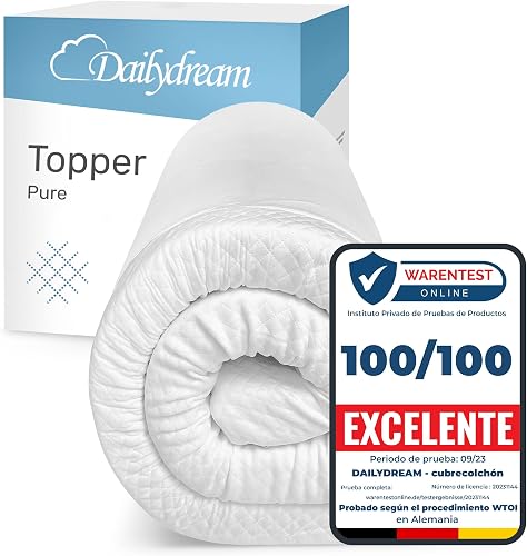 Dailydream Topper Viscoelástico, Memory Foam, 200x200 cm, 5 cm | Edición Pure, H1/2, sobrecolchón viscoelástico con funda lavable, base antideslizante y correas elásticas.