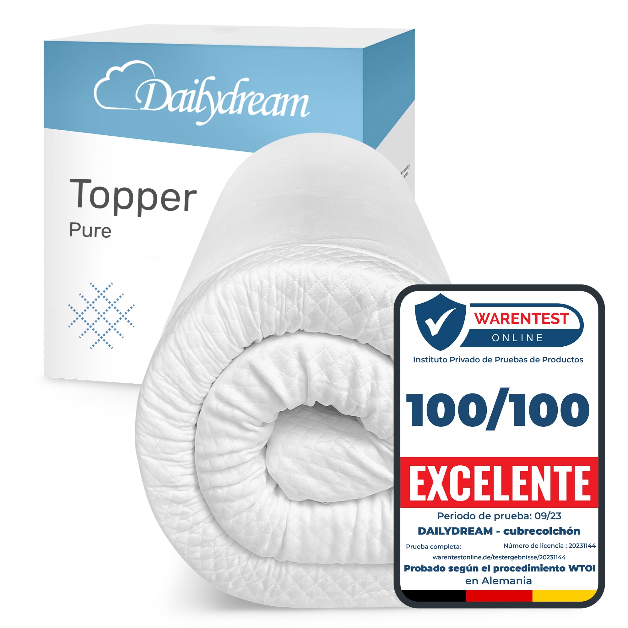 Dailydream Topper Viscoelástico 90x190 cm, Memory Foam, 5 cm | Edición Pure, Sobrecolchón viscoelástico con funda lavable, base antideslizante y correas elásticas para una sujeción estable