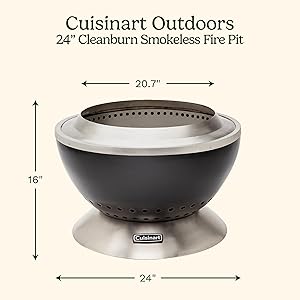 Cuisinart 24 Cleanburn Smokeless Fire Pit with Removable Base for Ash, Portable Wood Burning Outdoor Fireplace, Stainless Steel Smoke Free Outdoor Heater, Enhanced Airflow and Easy Cleanup