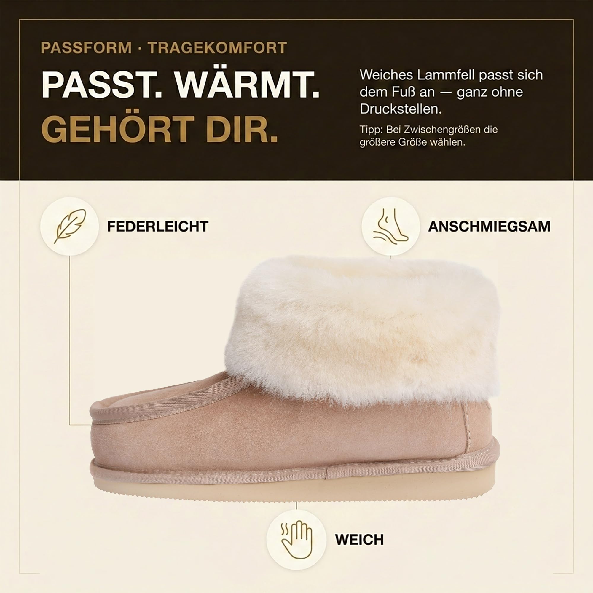 Rohn Moden Lammfell Hausschuhe für Damen und Herren – Puffin – Warme Hausschuhe mit Schaffell & rutschfester EVA-Sohle – Winter Pantoffeln für zuhause – Slipper gefüttert - Braun