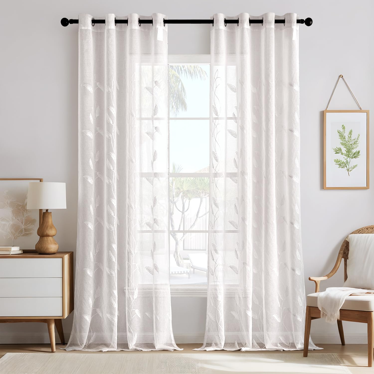 MIULEE Voile Curtains for Living Room with Eyelets Sheer Curtains with Cute Embroidery and Leaf Pattern Set of 2 Modern Curtains for Bedroom Measures H245 x B140 cm, White