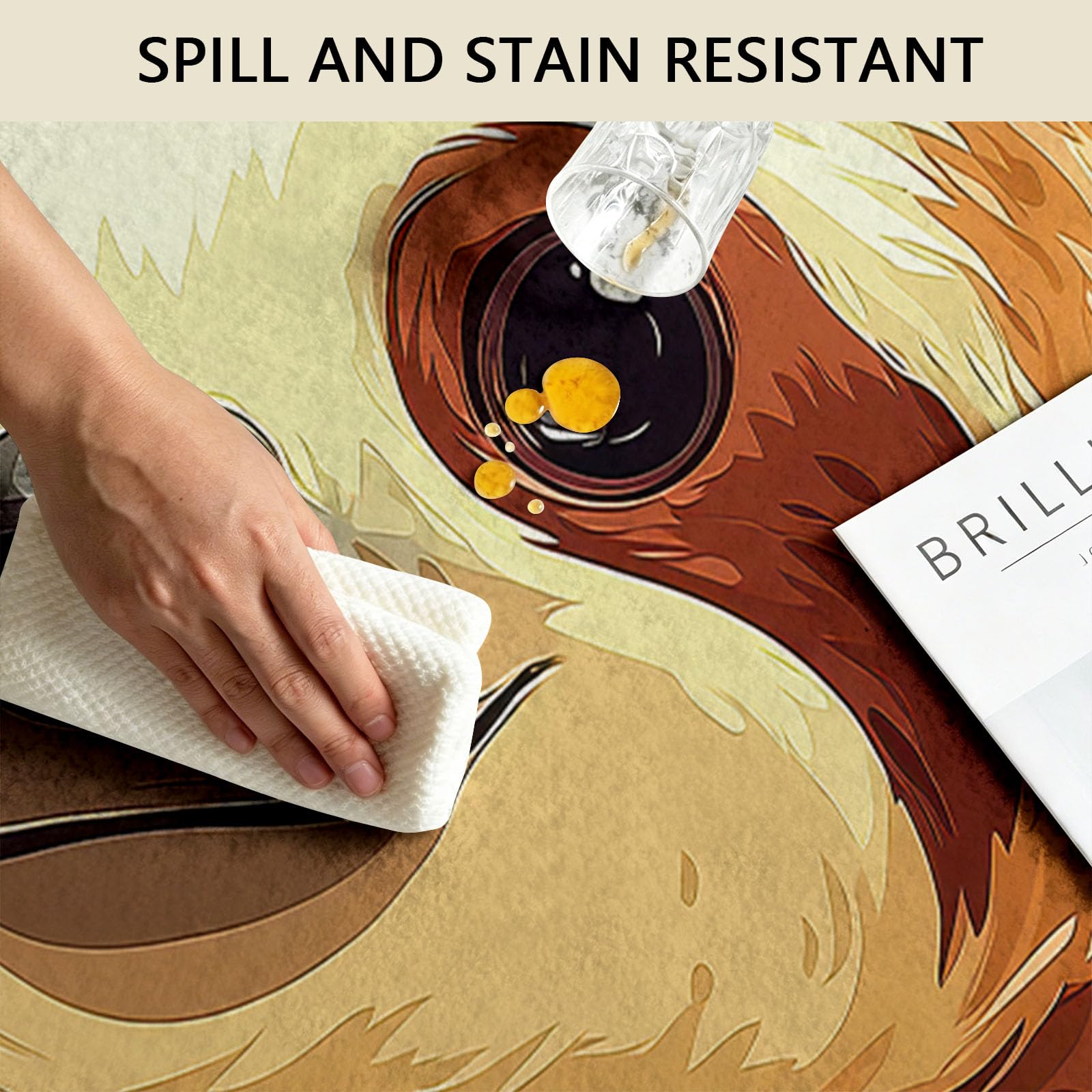 Générique Tapis Rond Salon 100 cm Jaune - Dessin Animé Nordique Paresseux Branches Animaux - Doux & Antidérapant - Poils Courts Faciles à Entretenir - Idéal Chambre, Salle à Manger et Table Basse