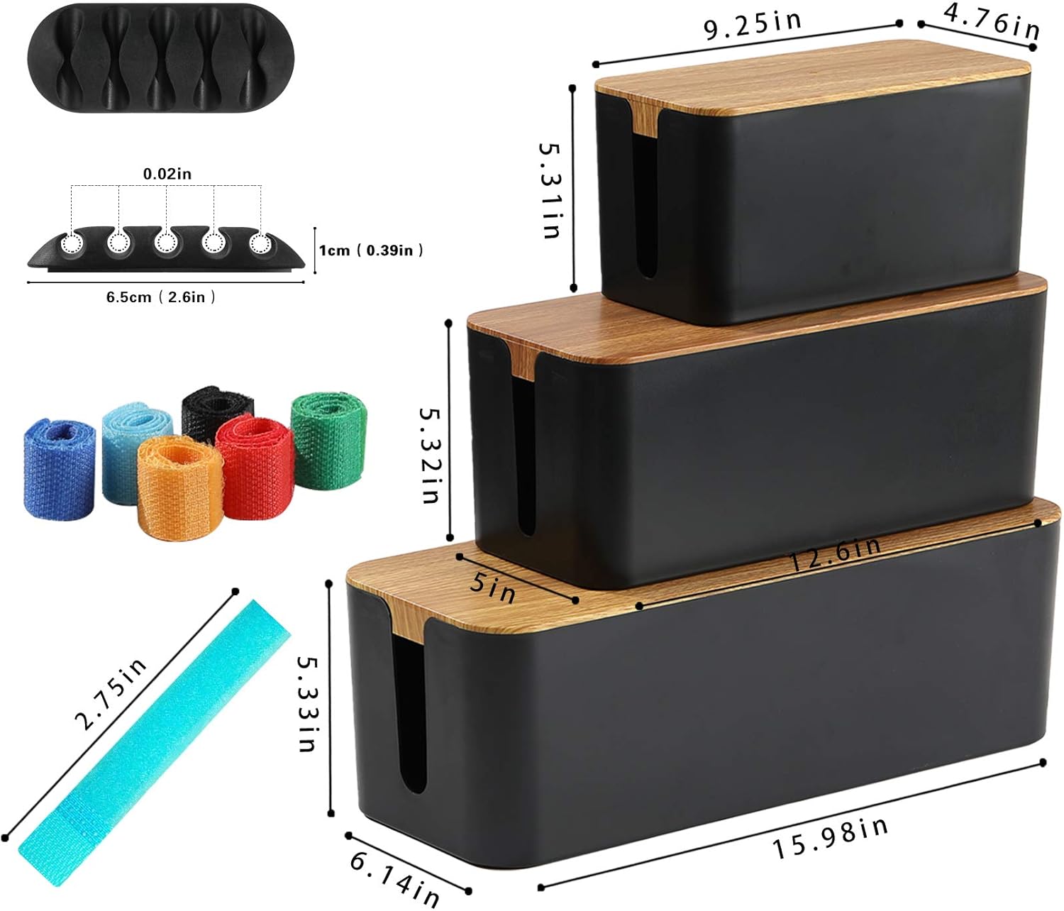 🔥 Crаzу Dеаlѕ Cable Management Box 3 Pack with 16 Cable Clips Set-Large & Medium & Small Wooden Style Cable Organizer Box to Hide Wires&Power Strips | Cord Organizer Box | Cable Organizer for Home & Office [Black]