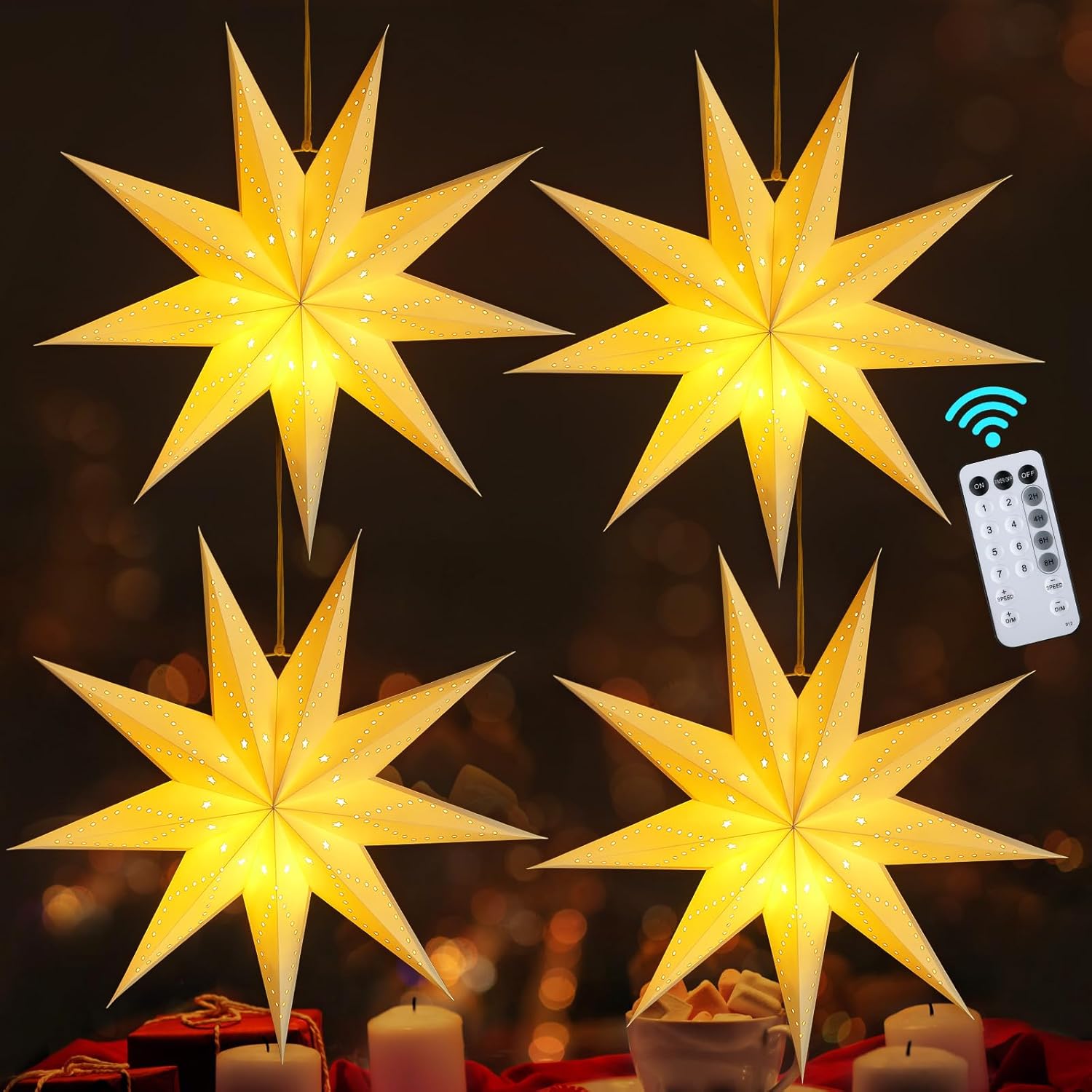 Hiboom 4 Pack Paper Star Lantern 24 Inch, 8 Mode 50 LEDs Firework Fairy String Lights, Nine Pointed Light up Hollow Out Star Hanging Decoration for Indoor Outdoor Room Wedding Christmas Party