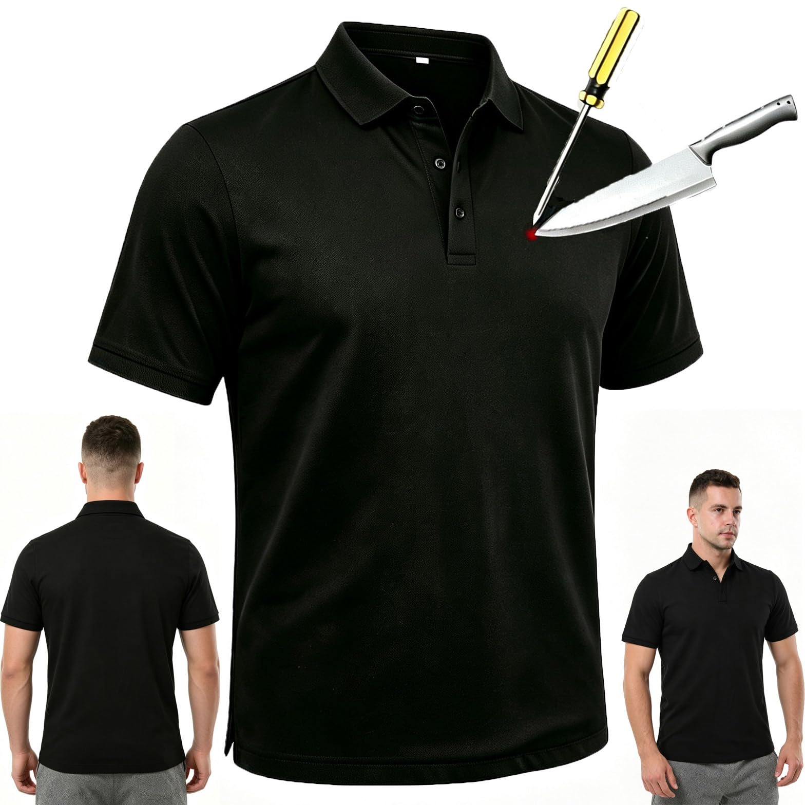 Koszulka Polo Z Ochroną Przed Przebiciem (Poziom 5) black-L | Do Codziennej Samoobrony; Elastyczna, Lekka I Dyskretna Odzież Ochronna; Dla Pracowników Branży Metalowej, Drzewnej