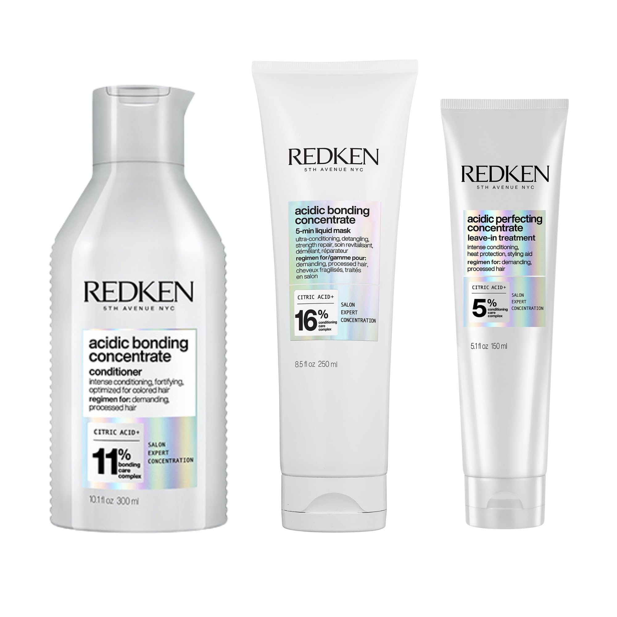 REDKEN - Routine Cheveux Abimés - Acidic Bonding Concentrate - 56% de Casse en Moins - 82% de Fourches en Moins - Cheveux 11x Plus Lisses - Shampoing (300ml) + Masque (250ml) + Leave in (150ml)