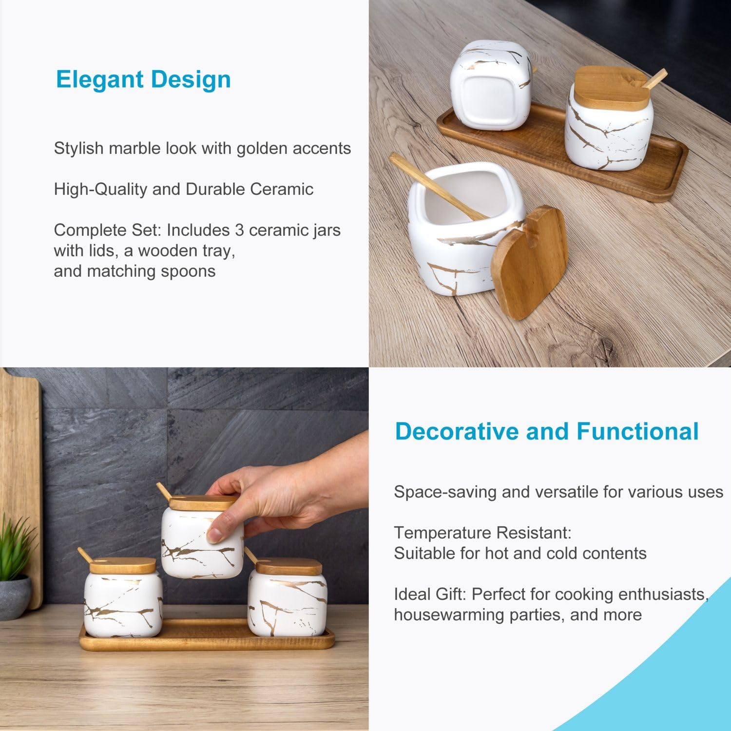 INTIRILIFE Zuckerdose 3er Set mit Deckel und Löffel- Gewürzbehälter 3 teilig aus Keramik in Marmor Optik weiß mit Holztablett- Salz, Pfeffer, Gewürz Töpfe Schüssel Gläser, Vorratsdosen Küche