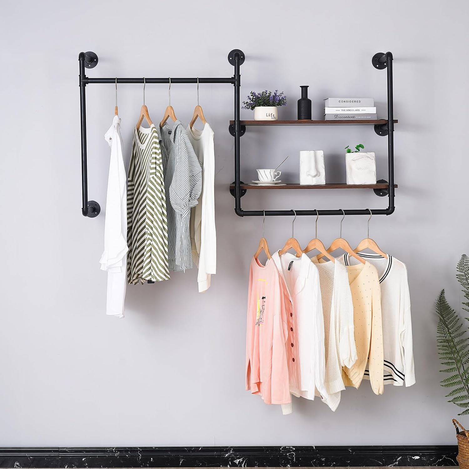 industrial pipe wall-mounted clothing rack with 2 wood shelves - heavy duty double rod metal garment organizer for bedroom/retail stores, black (30h×12.5d×59w inch)